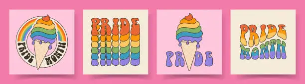 Vector illustration of Set of groovy cards for Pride Month