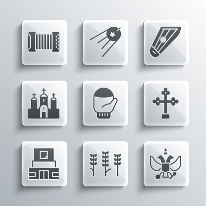 Set Wheat National emblem of Russia Christian cross Christmas mitten Mausoleum Lenin Church building Accordion and Kankles icon. Vector.