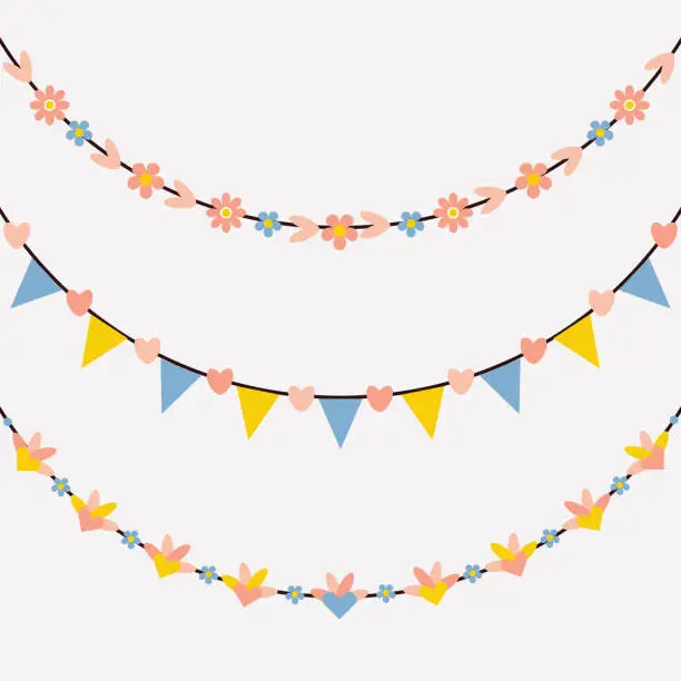 Vector illustration of Cute trendy pink, yellow and blue colors hearts and flowers hanging decoration bunting banners set on white background