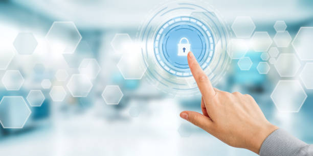 istock Hand of doctor, surgeon, or nurse, clicks on virtual hologram. Secure database lock, privacy, information safety in healthcare. Life insurance, digital biometric archive 2063257374
