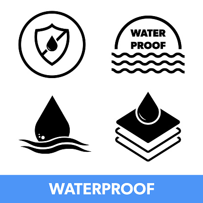 Waterproof vector icons. Water resistant labels isolated on white.