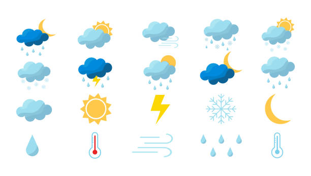 weather flat icons. vektor verschiedene wetterzeichen-sammlung. - wetter stock-grafiken, -clipart, -cartoons und -symbole