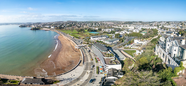 Aerial view of Torre Abbey Sands beach in Torquay, Devon, UK