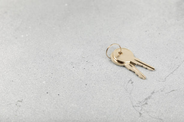 istock Keychain with key ring isolated on a colored background. Concepts for real estate and moving home or renting property. Buying a property. Mock-up keychain.Copy space. 2063267936