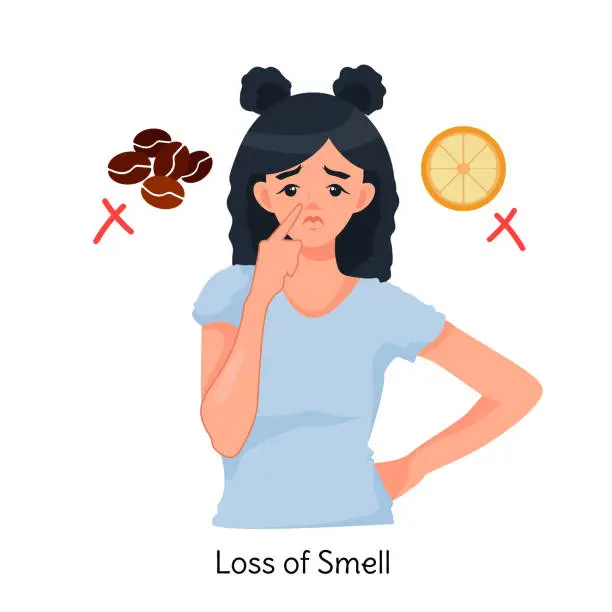 Vector illustration of Loss of sense of smell. A woman does not feel smells and tastes