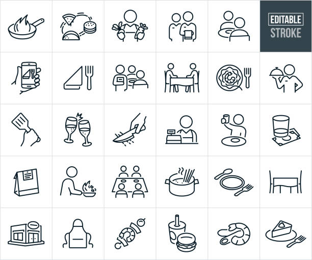 Dining Out Thin Line Icons - Editable Stroke A set of dining out icons that include editable strokes or outlines using the EPS vector file. The icons include an online reservation using a smartphone, restaurant foods, chef with fresh ingredients to make a meal, restaurant staff, two people eating out at a restaurant, frying pan cooking food, shrimp Alfredo on a plate, restaurant waiter with menu for customers, two people seated a table while dining out, place-setting with a fork and napkin, fine dining, hand holding up a spatula, toast with champagne glasses, chef using knife to cut up ingredients, restaurant staff at cash register, customer at dining table eating out, meal tip, bag of food as takeout or to go, chef using a frying pan to prepare food, four people seated at dining table eating out, pot boiling noodles for meal, place setting consisting of a plate fork and spoon, formal dining table, restaurant building, apron, shish kabob, soda and chicken sandwich, shrimp scampi, and a dessert on a plate. chef stock illustrations