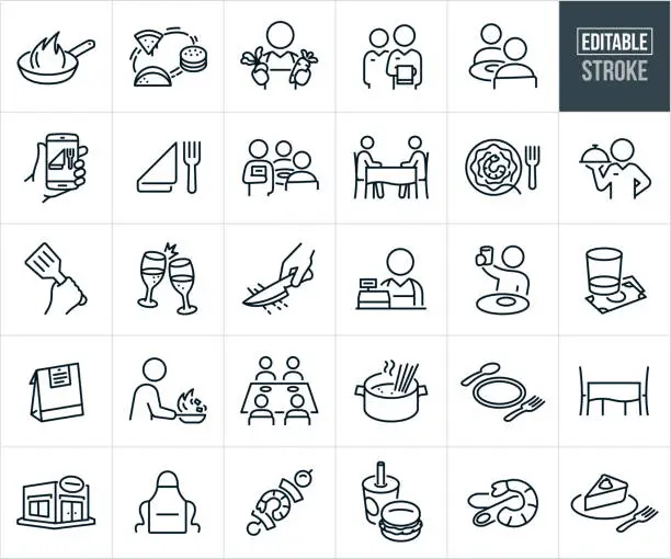 Vector illustration of Dining Out Thin Line Icons - Editable Stroke