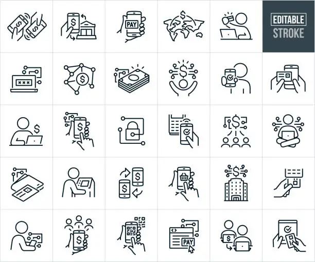 Vector illustration of Digital Finance And Financial Technology Thin Line Icons - Editable Stroke