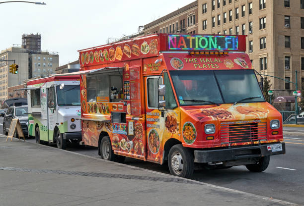 Colorful halal chicken and lamb food truck parked in front of the Brooklyn Museum in New York City. Brooklyn, NY - March 1, 2024: Colorful halal chicken and lamb food truck parked in front of the Brooklyn Museum in New York City. new york state license plate stock pictures, royalty-free photos & images