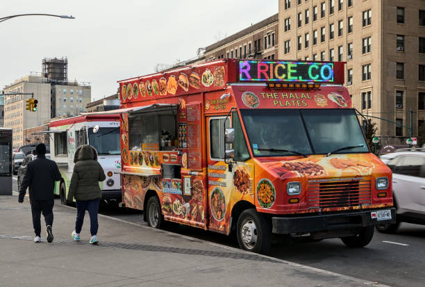 Colorful halal chicken and lamb food truck parked in front of the Brooklyn Museum in New York City. Brooklyn, NY - March 1, 2024: Colorful halal chicken and lamb food truck parked in front of the Brooklyn Museum in New York City. new york state license plate stock pictures, royalty-free photos & images