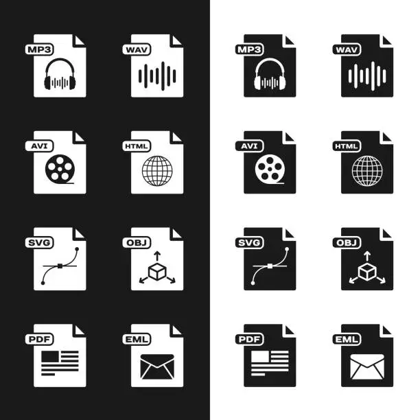 Vector illustration of Set HTML file document, AVI, MP3, WAV, SVG, OBJ, EML and PDF icon. Vector