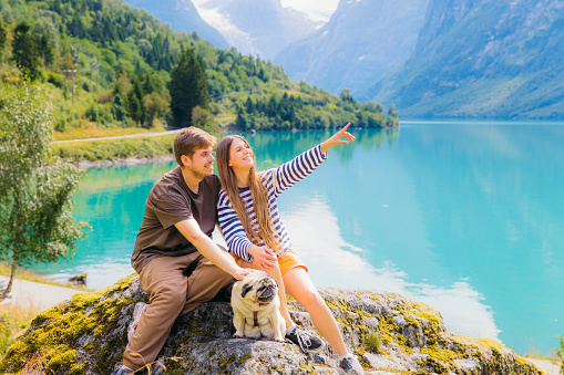 Smiling heterosexual couple of woman and man traveler with their cute pug exploring Norway during summertime - they sitting on the rock and woman is pointing at the scenic view of glacial lake Lovatnet and beautiful mountain peaks in Stryn