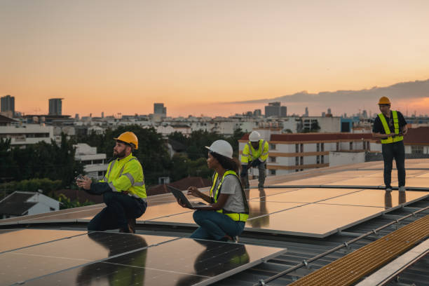 istock Service engineer checking solar cell on the roof for maintenance if there is a damaged part. Engineer worker install solar panel. Clean energy concept. 2063303040