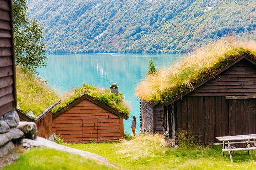 Smiling female explorer with long hair, wearing stripe shirt and orange shorts staying between old viking houses on the fresh green meadow looking at glacial lake Lovatnet in Loen, Western Norway, Scandinavia
