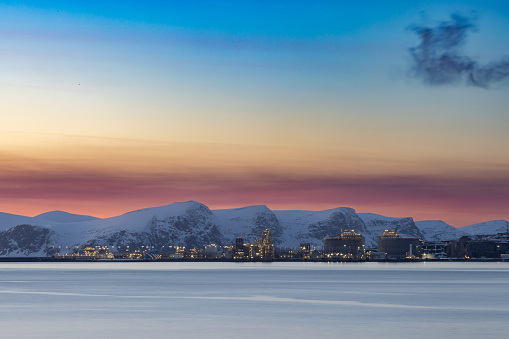 Beautiful winter sunset from inside of arctic circle, Hammerfest - Northern Norway.