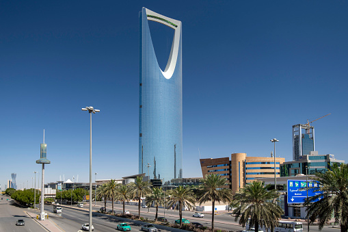 Riyadh, Saudi Arabia - March 01, 2024: Beautiful Iconic The Kingdom Tower Riyadh
