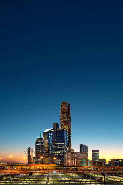 Beautiful New Riyadh Skyline after sunset. Riyadh city towers in Saudi Arabia stock photo