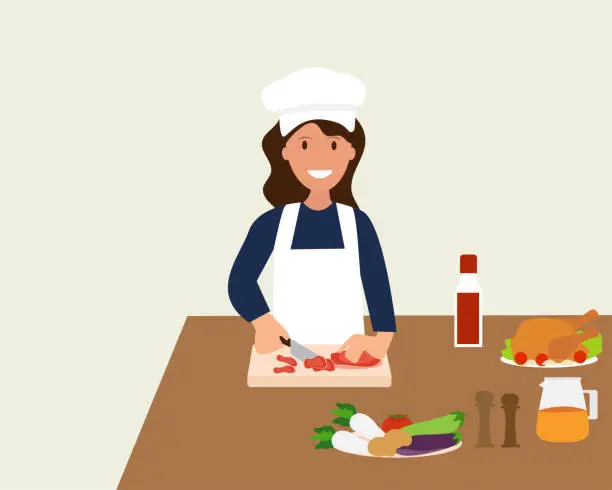 Vector illustration of A female chef chops meat for cooking.