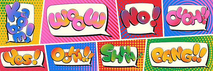 Set of comic speech bubbles, comic wording sound effects design, comic book text clouds. Comic pop art book oops, wow, pow, boom Creative retro balloons with funny slang phrases and expressions.