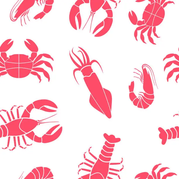 Vector illustration of Seafood seamless vector pattern. Сrustaceans. Lobster, shrimp, crab, cuttlefish, squid, crayfish.