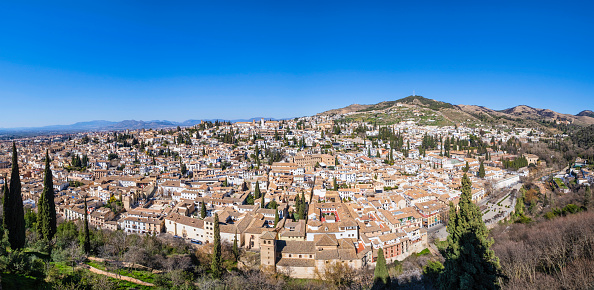 View on the old town of Granada, characterized by whitewashed buildings and narrow streets (6 shots stitched)