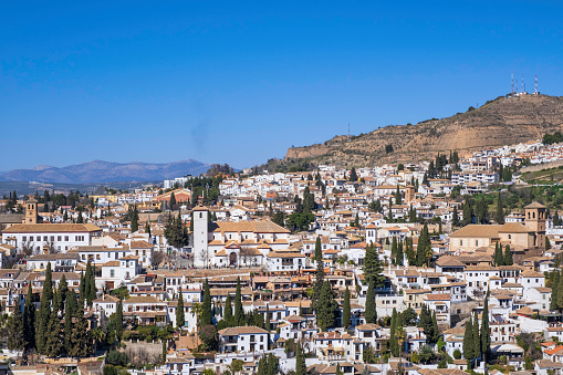 View on the old town of Granada, characterized by whitewashed buildings and narrow streets