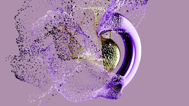 3d animation. Fantastic purple torus and green sphere in the center on lilac background disappear. Fantastic background