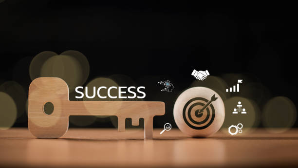 istock Artificial intelligence key success business planning. Key strategy idea, business goal concept. Wooden key unlock target icon. CEO fund investment consultant. Marketing insight solution for leader 2063352269