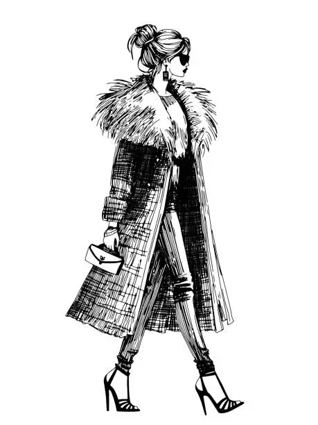 Vector illustration of fashion model illustration fashion woman runway sketch ink pen drawing with top model wearing trendy designer clothes, vector fashion show catwalk pencil drawing with elegant faux fur coat, sunglasses