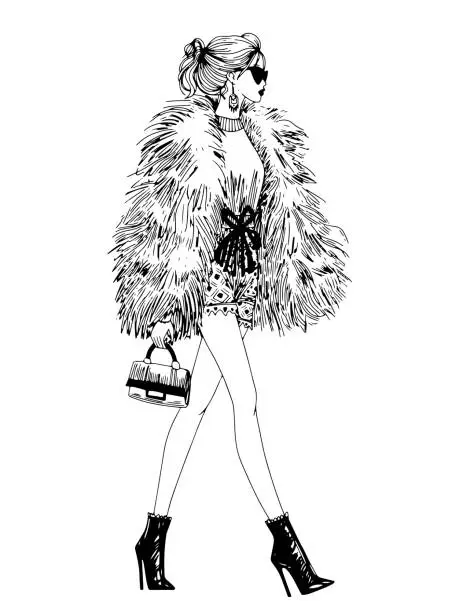 Vector illustration of vector fashion model illustration fashion girl runway sketch ink pen drawing with top model wearing trendy designer clothes, fashion show catwalk pencil drawing with elegant faux fur coat, sunglasses