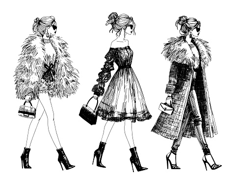 black and white vector fashion model illustration fashion girls runway sketch ink pen drawing with top models wearing trendy designer clothes, fashion show catwalk pencil drawing with elegant dress, faux fur coat, hair bun, shoes, accessories