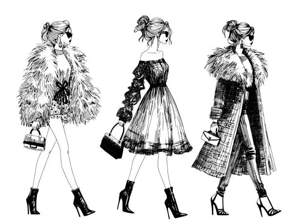 Vector illustration of vector fashion model illustration fashion girls runway sketch ink pen drawing with top models wearing trendy designer clothes, fashion show catwalk pencil drawing with elegant dress, faux fur coat