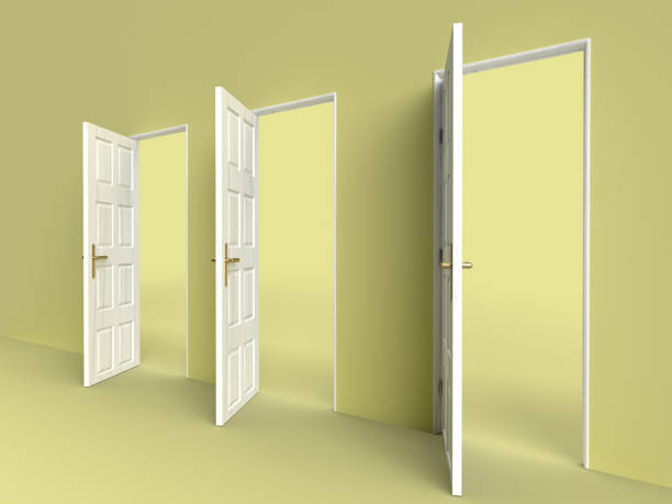 istock Photorealistic 3D illustration of three open doors in a row 2063369741