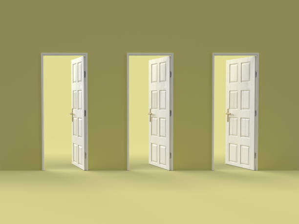 istock Photorealistic 3D illustration of three open doors in a row 2063369755