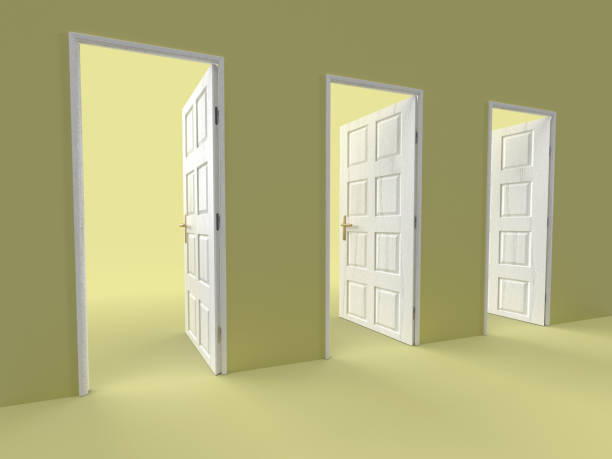 istock Photorealistic 3D illustration of three open doors in a row 2063370260