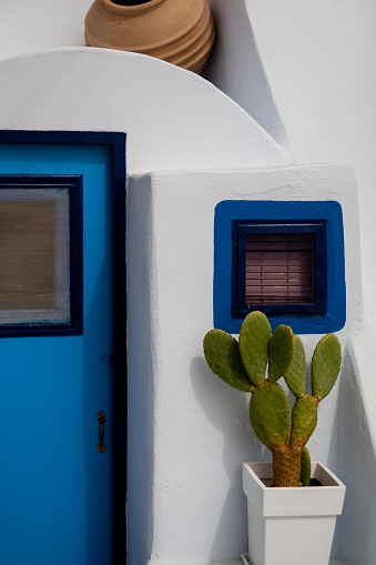 Close-up of a blue door and window with a potted cactus, reflecting the characteristic charm of Greek island architecture.