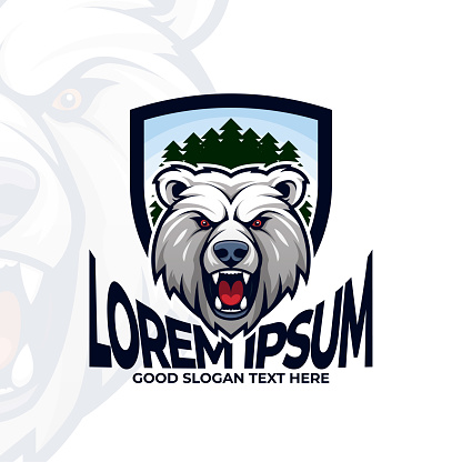 Bear head logo badge, polar bear in forest illustration, bear logo emblem, polar bear icon, mountain