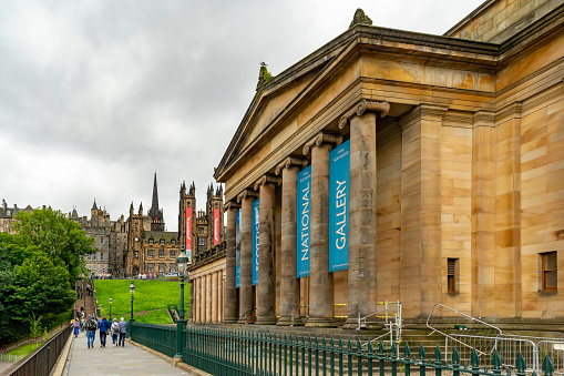 Edinburgh, Scotland, August 2023. This is the entrance to the Scottish National Gallery during the Edinburgh Fringe Festival viewed from the top of Playfair steps.