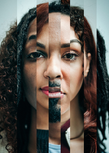 A portrait compiled with a digital collage of many portraits of African American faces, representing a number of melanin shades of black men and women's skin.  A concept of identity and race.