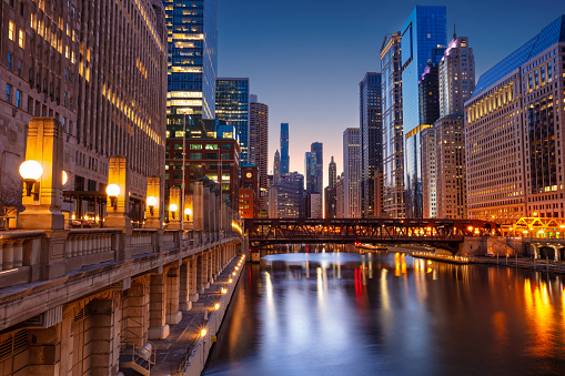 Cityscape image of Chicago skyline at beautiful spring sunrise.