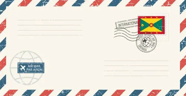 Vector illustration of Blank air mail grunge envelope with Grenada postage stamp. Vintage postcard vector illustration with Grenadan national flag isolated on white background. Retro style.