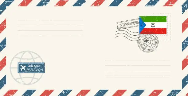 Vector illustration of Blank air mail grunge envelope with Equatorial Guinea postage stamp. Vintage postcard vector illustration with Equatorial Guinea national flag isolated on white background. Retro style.