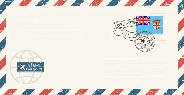 Vector illustration of Blank air mail grunge envelope with Fiji postage stamp. Vintage postcard vector illustration with Fijian national flag isolated on white background. Retro style.