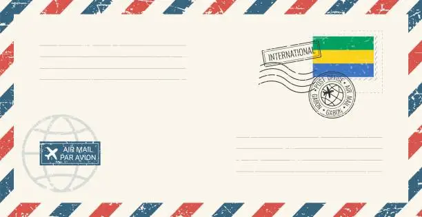 Vector illustration of Blank air mail grunge envelope with Gabon postage stamp. Vintage postcard vector illustration with Gabon national flag isolated on white background. Retro style.