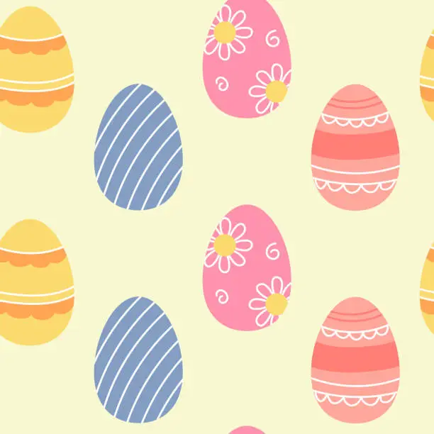 Vector illustration of Easter seamless pattern with painted eggs on background. Festive bright layout for printing on packaging, fabric, paper and other surfaces.