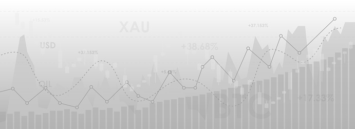 uptrend line graph and candlestick ,graph and numbers in stock market on gradient white color background