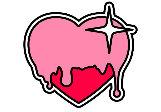 Vector illustration of Heart sticker in y2k style. Syrup liquid drops on the heart sticker. Bold colors