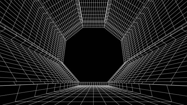 Abstract 80s styled computer background. Sci-fi architecture interior with retro lines. Synthwave or retrowave grid room. Abstract 80s styled computer background. Sci-fi architecture interior with retro lines. Synthwave or retrowave grid room octagon house stock illustrations