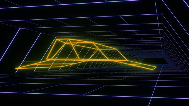 Retro 1980s tunnel animation with yellow starship silhouette - seamless loop. synthwave glowing neon lights landscape. Space base. Background for music video. Video games. Old style