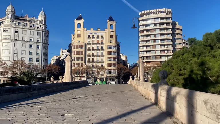 Walking along the Puente de la Mar time lapse in the city of Valencia, Spain